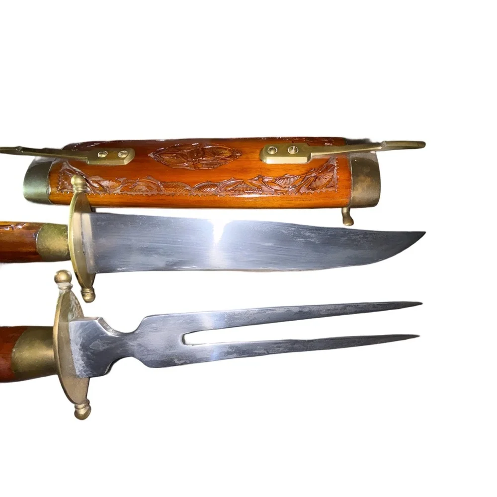 Vtg Hand Carved Wood Brass India Carving Knife Fork Set Sheath Stand Collectible